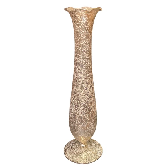 Other - Vintage Embossed Floral Metallic Gold Glass Bud Vase 10 Inch Scalloped Rim